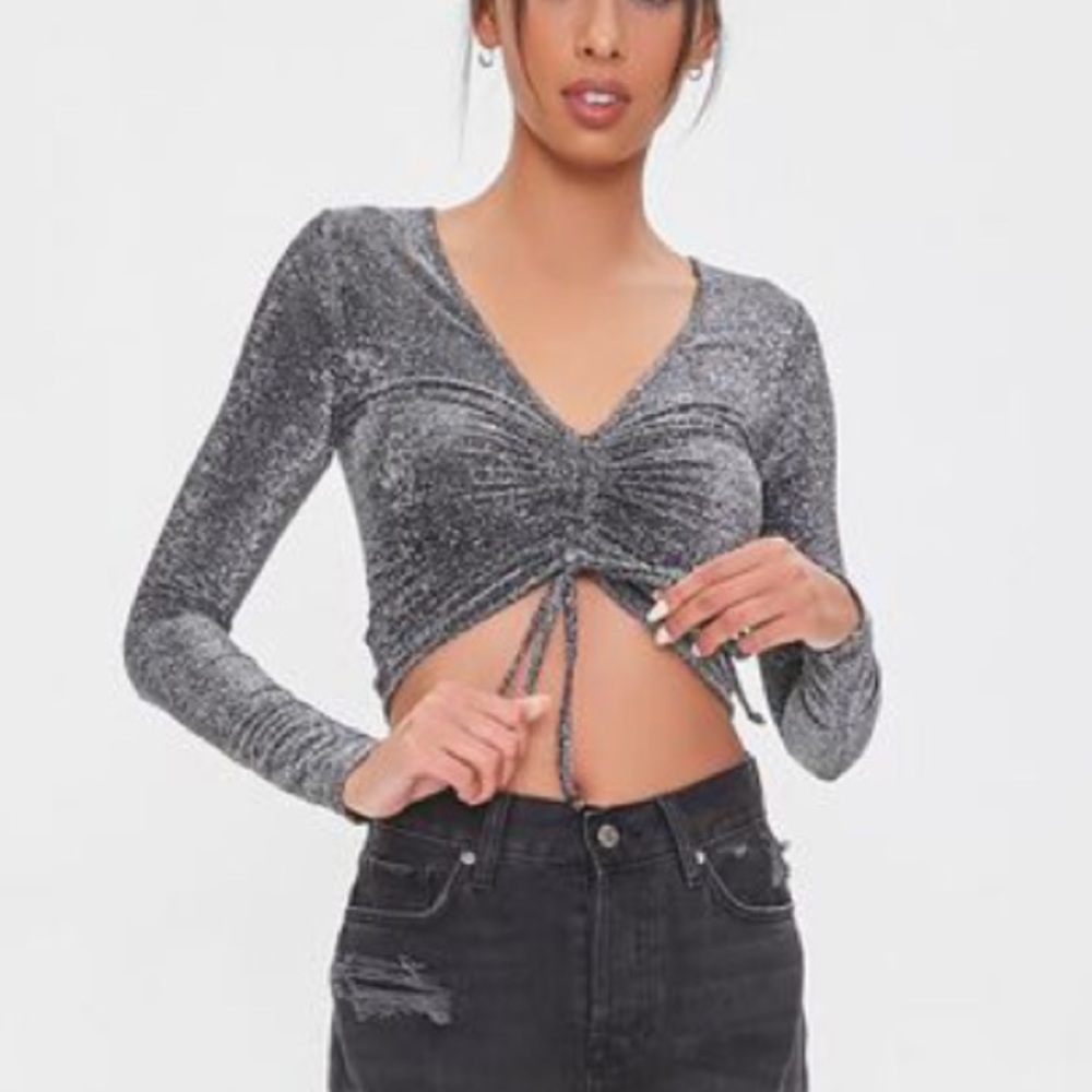 NWT Glitter Knit Drawstring Long Sleeve Crop Top - Forever 21 Silver, Size Small